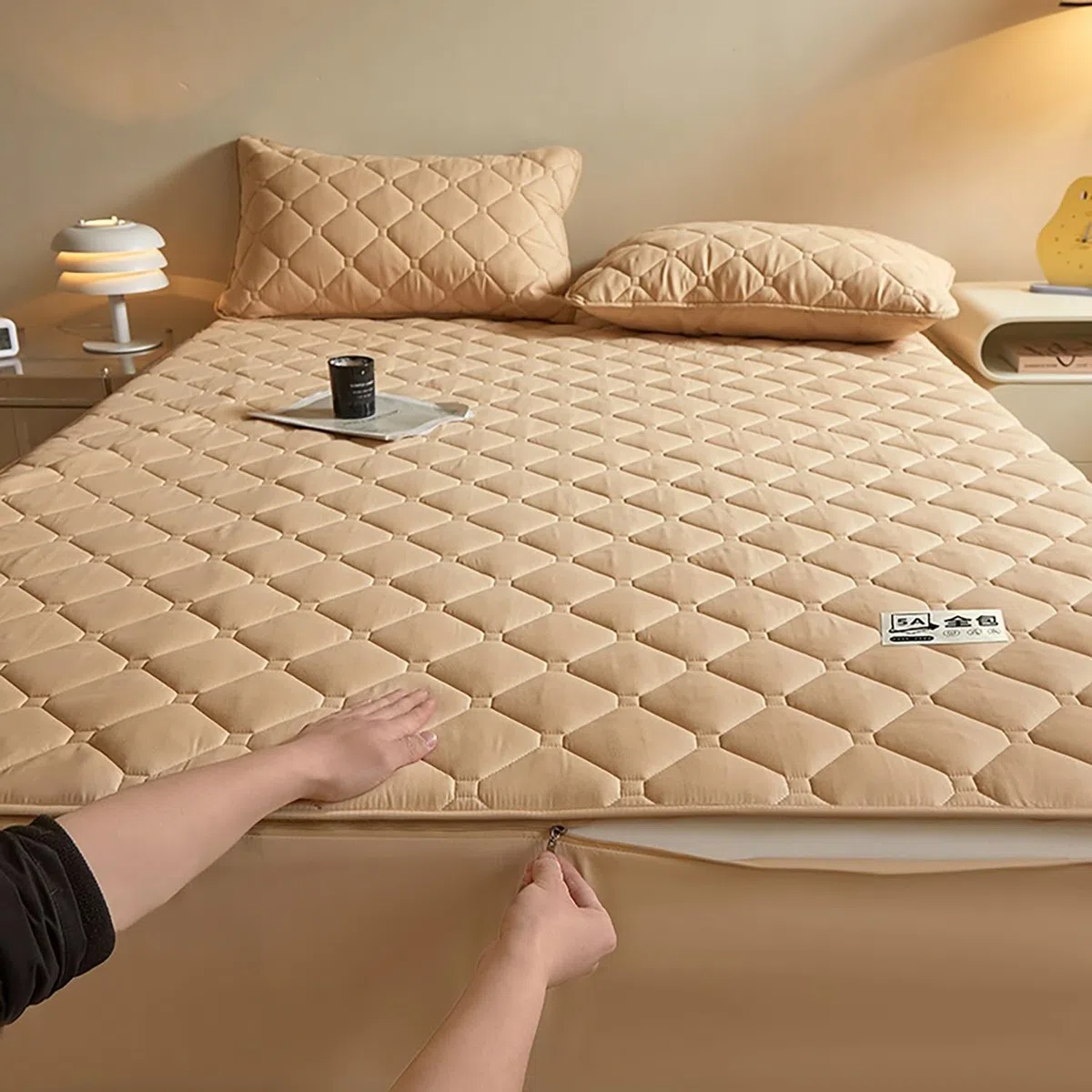 Coprimaterasso con Cerniera - Fodera Materasso Trapuntato, Imbottito, 80x190/90x190/120x190/140x200/160x190 cm, Personalizzabile, Protettivo e Respirante(Cachi,90x200+15cm)