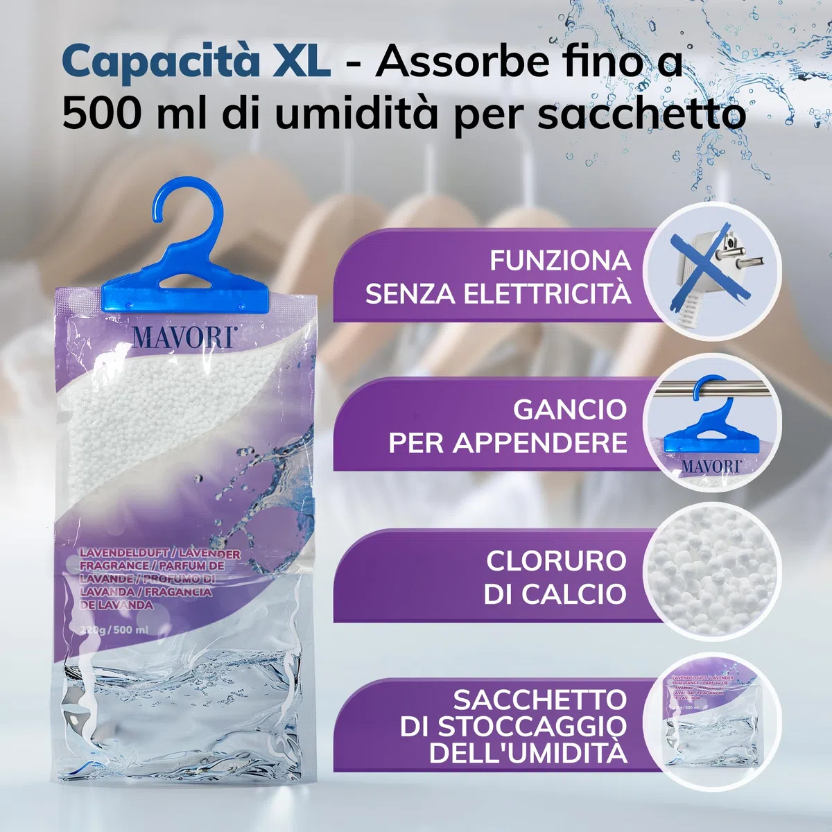 Set 10 deumidificatori XL da appendere | deumidificatori a sacchetti | deumidificatore da armadio e assorbiumidità per ambienti contro umidità, fino a 500 ml per sacchetto (Profumo di lavanda)