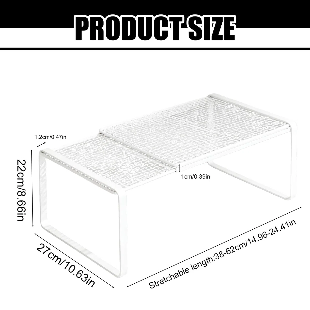 Scaffale estensibile per armadio telescopico, 38-62 cm, larghezza 27 cm, altezza 22 cm, impilabile, organizer per spezie per armadi da cucina e piani di lavoro, banconi, dispensa