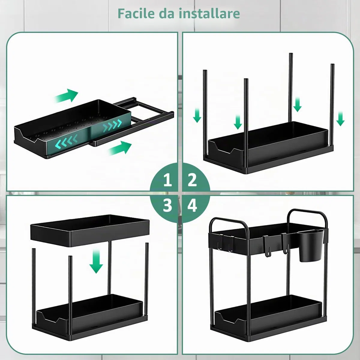 Organizer Sottolavello Cucina 2 Livelli, Estraibile Organizzatore Cucina Con 4 Ganci e 2 Tazze, Sottolavello Portaoggetti Ripiano Cassetto, Organizzatore per lavello Bagno (Nero,1 Pezzo)