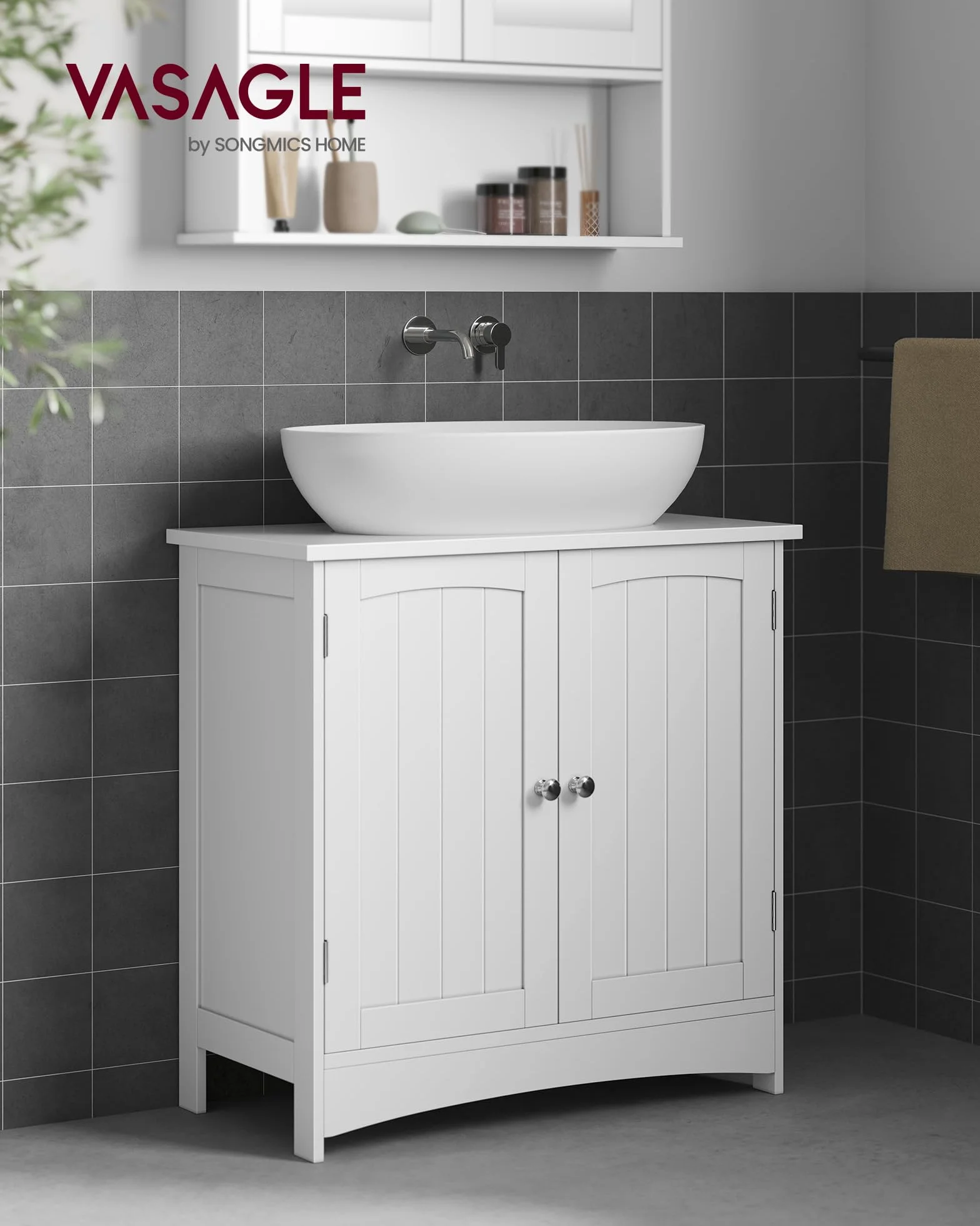 VASAGLE Mobiletto Sottolavandino Armadietto Sottolavabo Scaffale per Il Bagno con 2 Ante 2 Scompartimenti Ripiani Regolabili a Prova di umidità 60 x 30 x 60 cm Bianco BBC01WT
