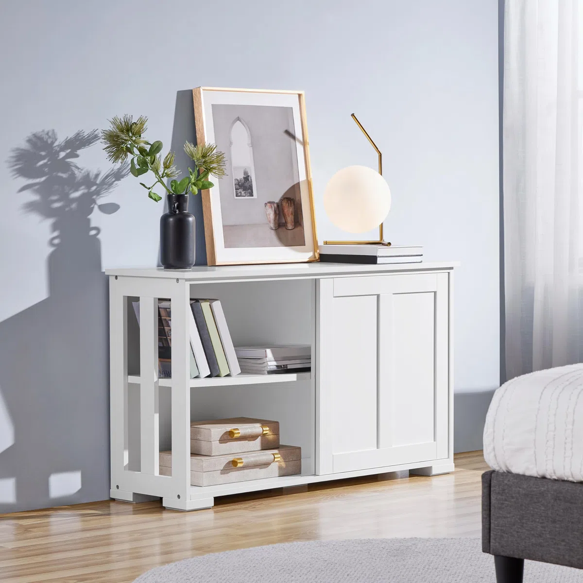 Yaheetech Credenza Mobile da Cucina Bianco con 2 Ante Scorrevoli Salvaspazio e Ripiano Regolabile in Legno Mobiletto TV da Salotto Soggiorno 106,7 x 33 x 63 cm