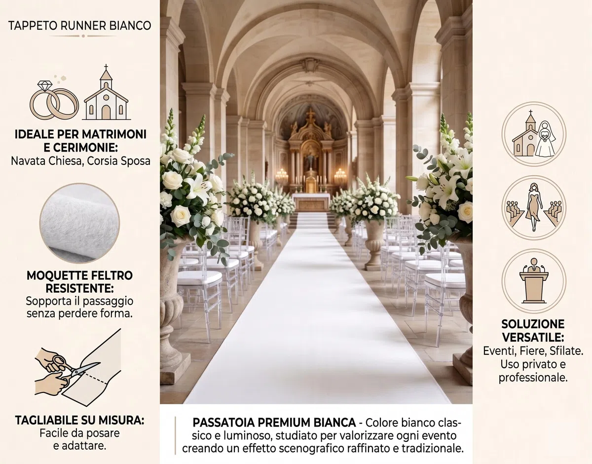 Passatoia Bianca Antiscivolo da Cerimonia, Tappeto Runner per Matrimoni, Chiesa, Eventi, Fiere, Ricevimenti, Allestimenti, Sfilate, Moquette Tessuto Resistente, Facile da Posare, Larghezza 1 o 2 metri
