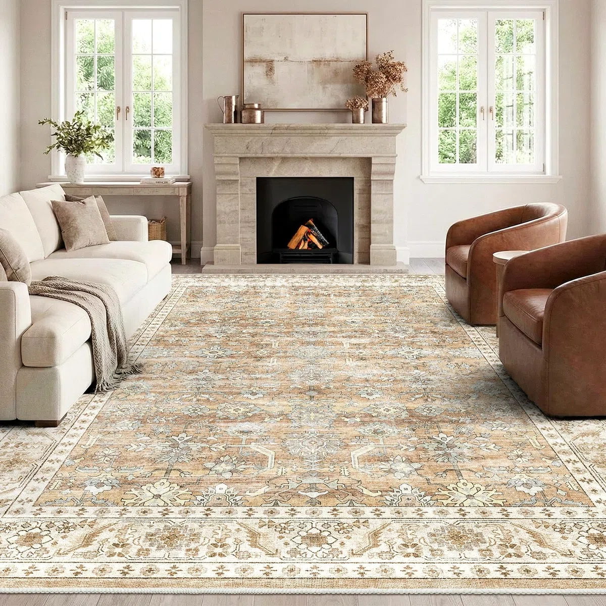 HOMFINE Tappeto Salotto Vintage Beige Marrone 160x230 cm - Lavabile in Lavatrice Antiscivolo Pelo Corto Morbido Grande per Camera da Letto Soggiorno Sala da Pranzo