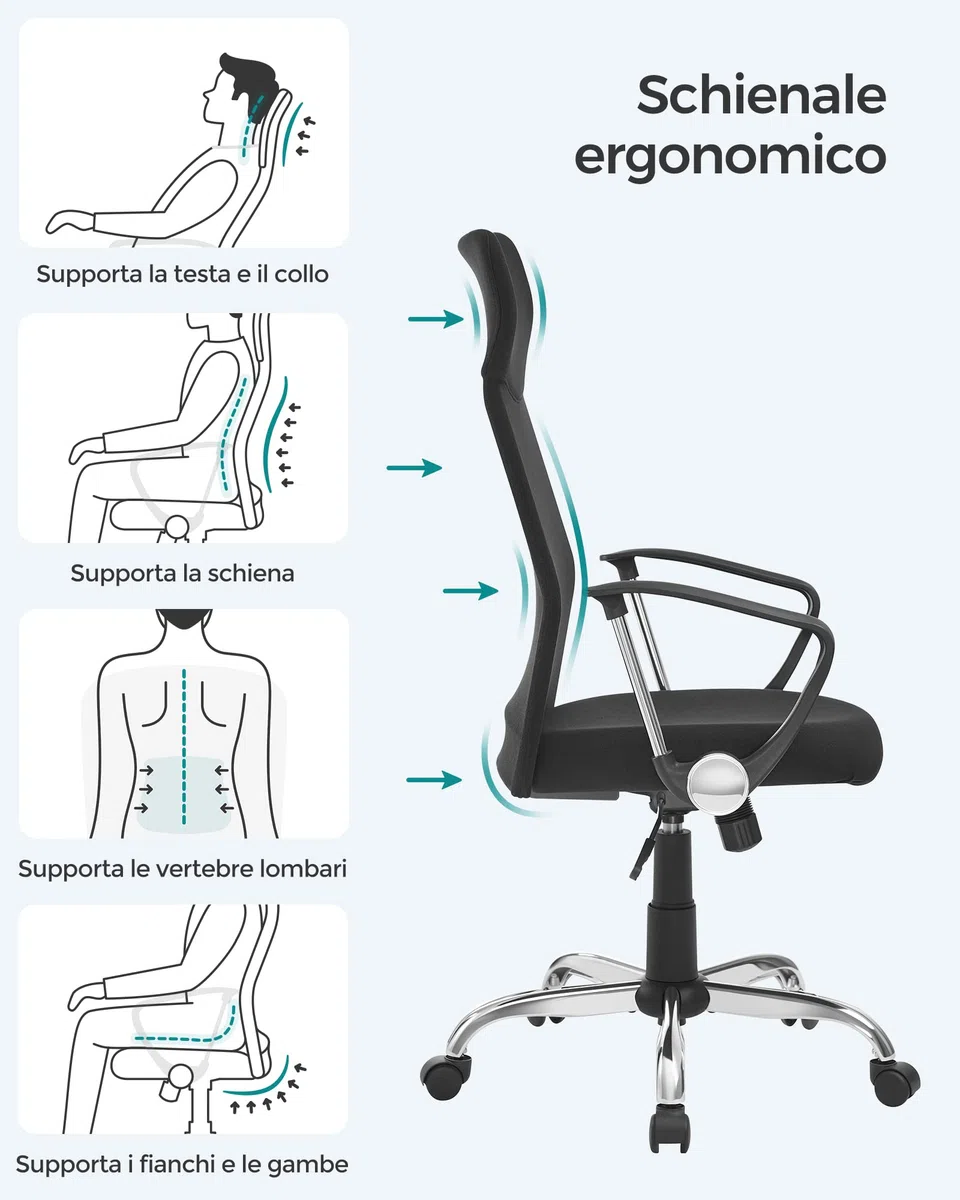 SONGMICS Sedia da Ufficio, Sedia da Scrivania Ergonomica, Girevole, Seduta Imbottito, Regolabile in Altezza e Inclinabile, Portata di 120 kg, Nero OBN034B01