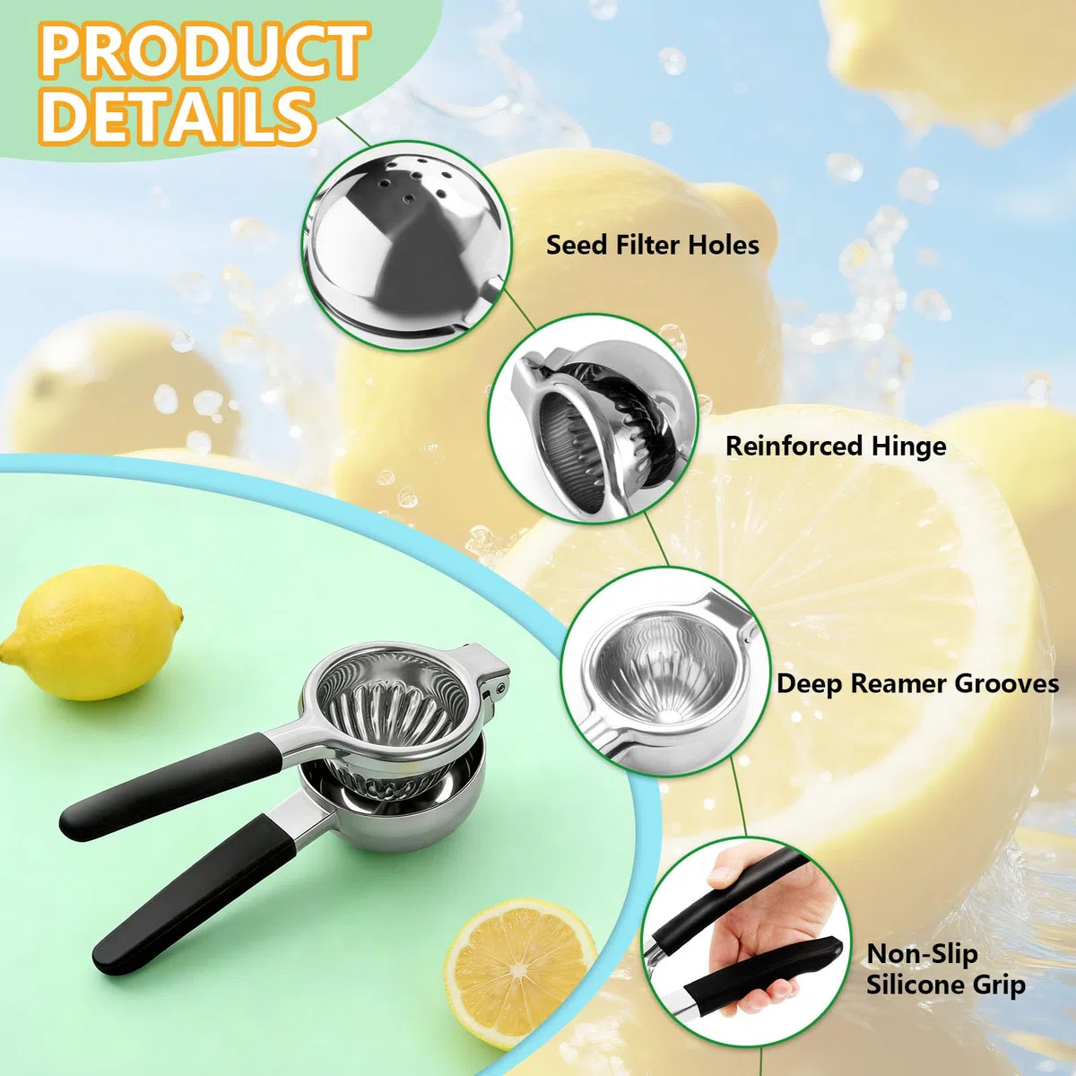 Spremiagrumi Manuale in Acciaio Inox con Zester, Spremilimone per Limoni e Lime, Manici Ergonomici, Lavabile in Lavastoviglie