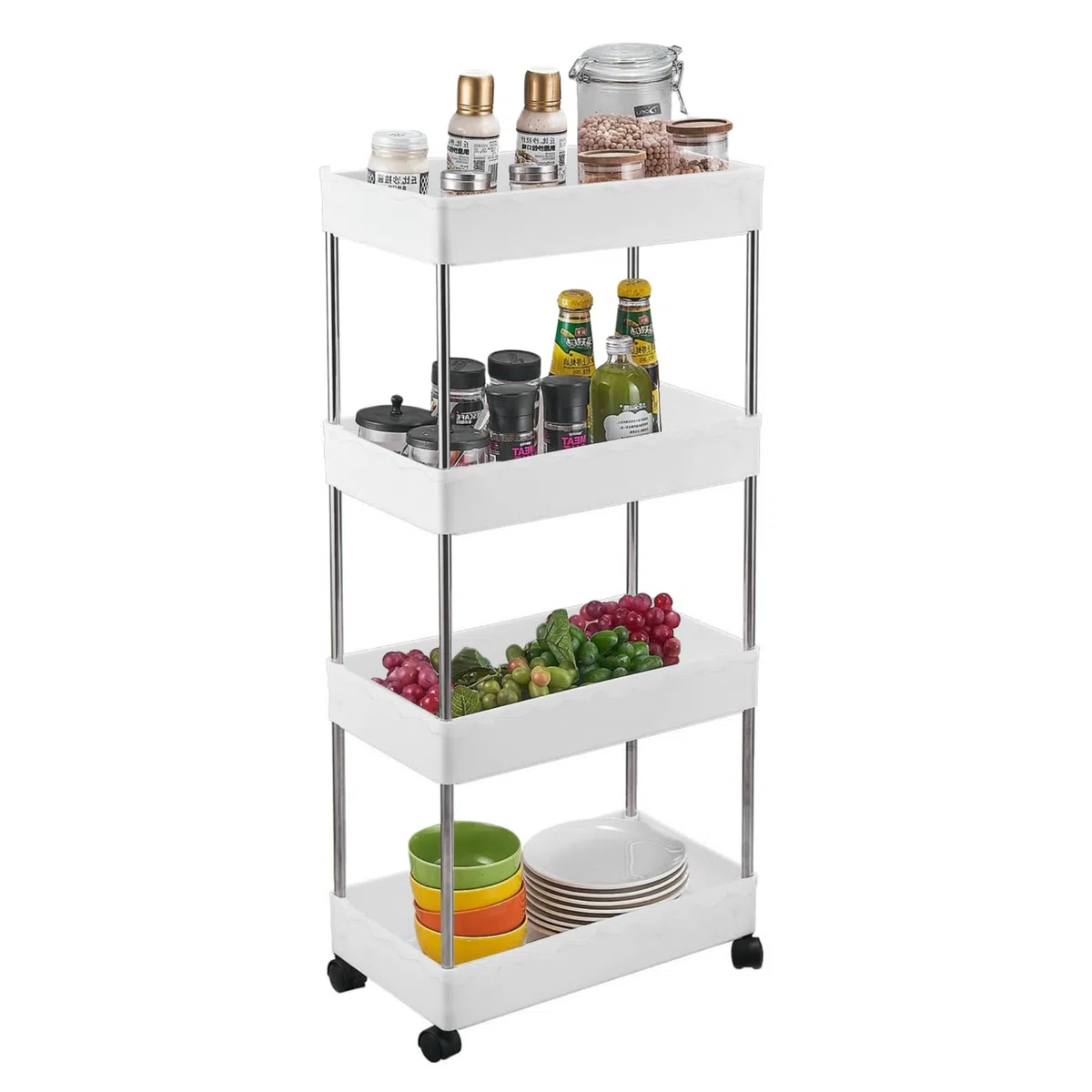 Carrello Portaoggetti da Cucina, Carrello Portaoggetti con Rotelle, Bagno, Facile da Spostare, Ganci Rimovibili, Divisibile, Riporre gli Oggetti Per Cucina o Ufficio. (4 livelli / 86 x 40 x 20 cm)