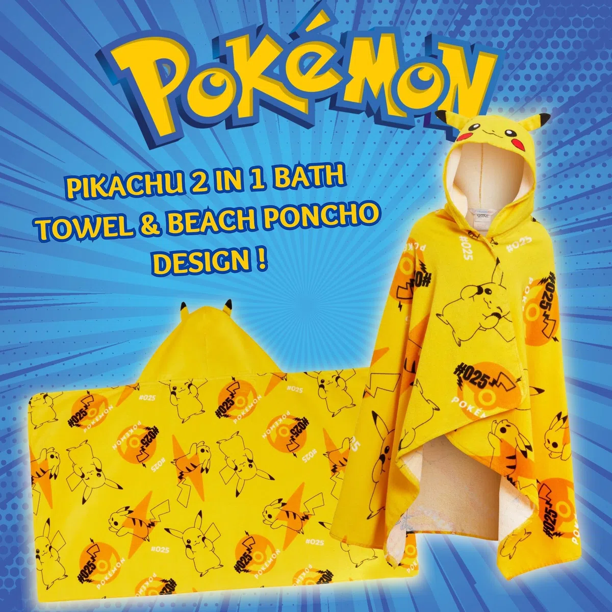 Asciugamano con cappuccio Pikachu 100% cotone Bambini Orecchie 3D Vestiti Pikachu Poncho Asciugamano da spiaggia Bagno Asciugamano per nuoto Omslag