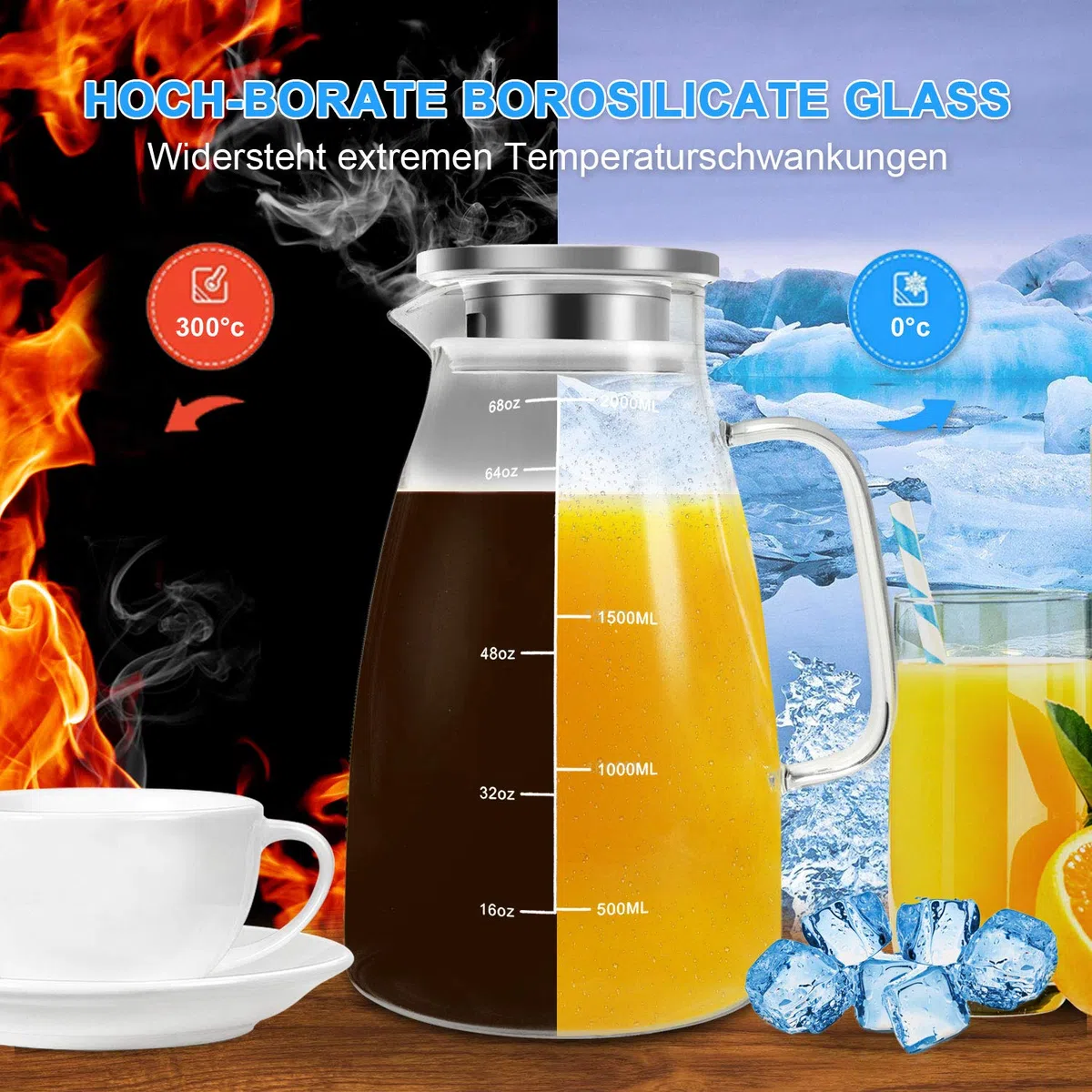 Caraffa in Vetro 2L Graduata Aofmee, Brocca con Coperchio Acciaio Inox 304, in Borosilicato, Caraffa Acqua per Frigorifero, Tè Freddo, Succo, Bevande