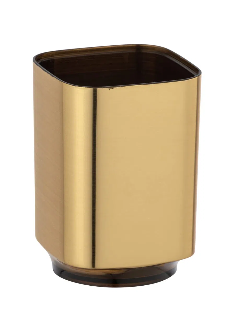 Wenko Bicchiere portaspazzolini Auron Oro, pregiato bicchiere portaspazzolini per spazzolini da denti e dentifricio, in pregiata plastica con cangiante color Oro, 7 x 10 x 7 cm