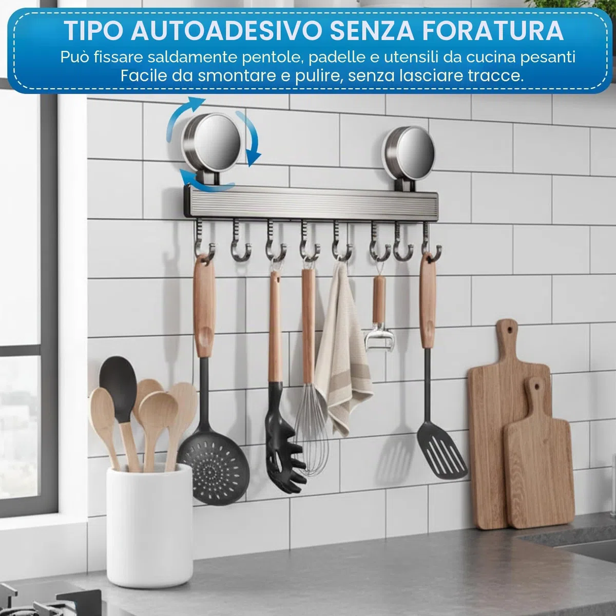 Porta Utensili da Cucina con Ventosa | Lunghezza 40 cm, portata 10 kg, 8 ganci mobili | Barra da cucina per utensili da cucina, camera da letto, bagno