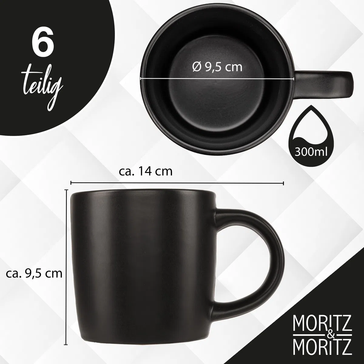 Moritz & Moritz NORDIC Set di 6 tazze da caffè nero - ca. 300 ml in gres di alta qualità - Design elegante con manico - tazze con manico per caffè, tè, cioccolata calda, cappuccino