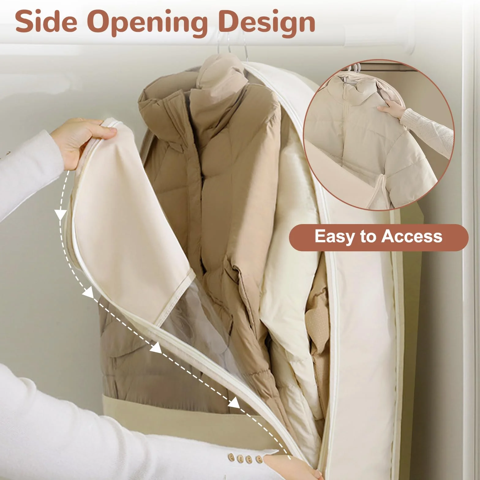 Custodia Porta Abiti da Appendere con Cerniera a Compressione, Copriabiti Salvaspazio per Cappotti, Traspirante Borsa Portaabito, Copertura Vestiti Copri Abiti per Giacca, 1Pc (Beige)