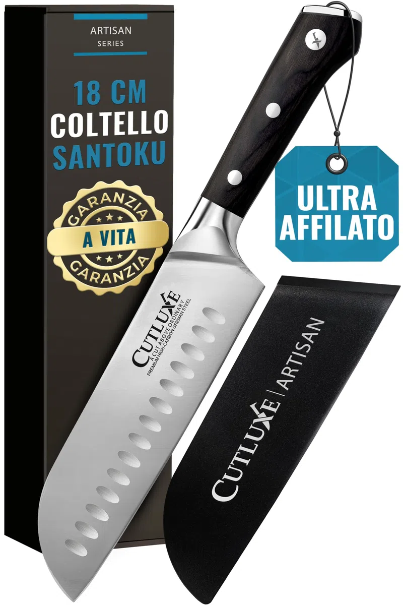 Cutluxe Coltello Santoku - 18cm Coltello Giapponese Professionale Con Guaina - Acciaio al Carbonio, Lama Affilata e Resistente - Artisan Series