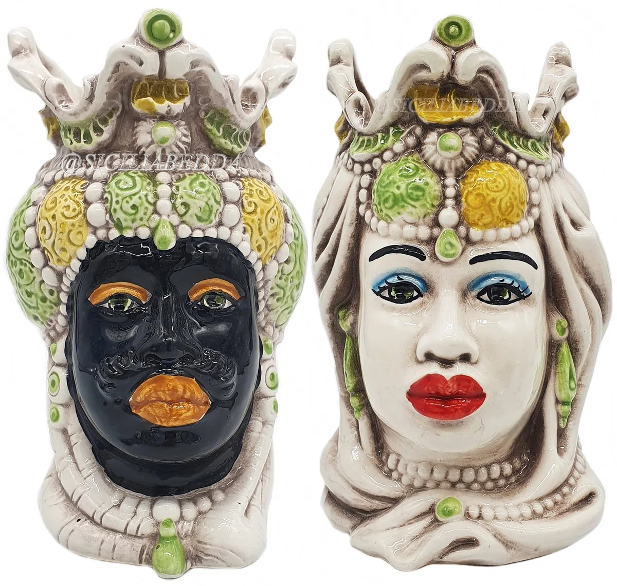 sicilia bedda - Coppia Teste di Moro Siciliane in Ceramica di Caltagirone - Realizzato Interamente a Mano - H 13 Centimetri (Giallo e Verde)