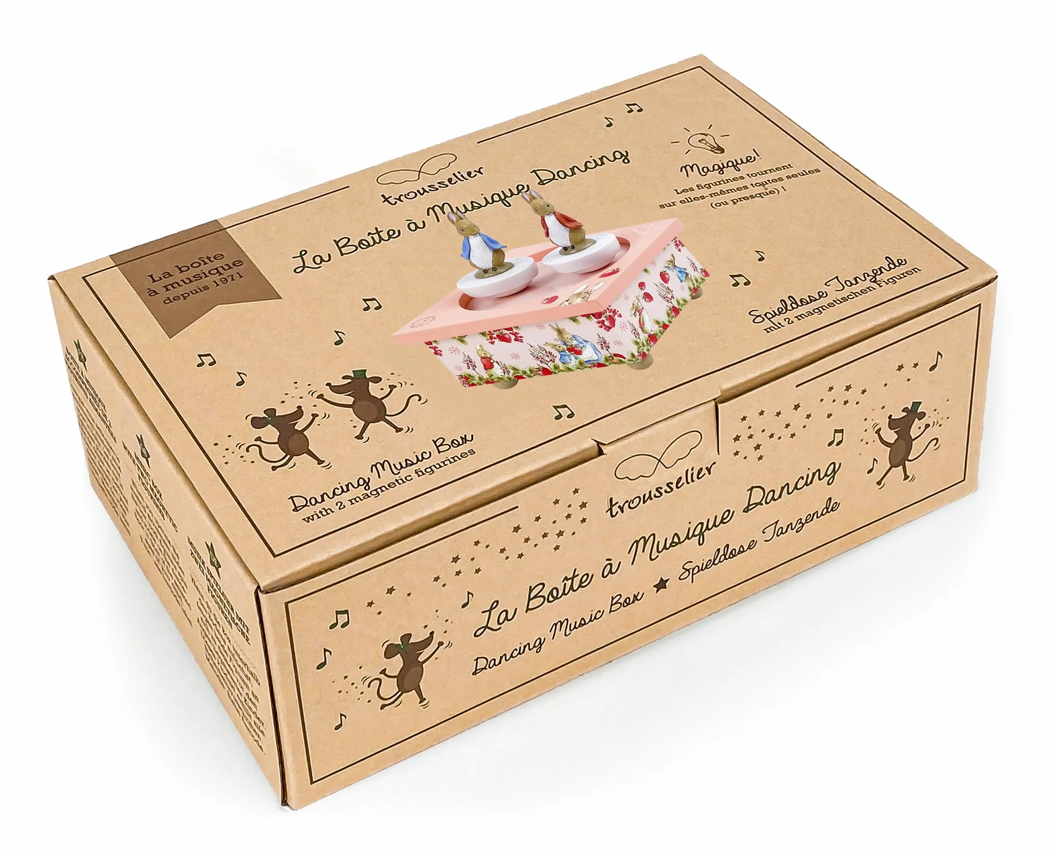 Trousselier - Pierre Coniglio Peter Rabbit Fragole - Carillon per bambini in legno - 2 figurine rimovibili - Regalo per nascita e battesimo - Musica Il Flauto Incantato Mozart