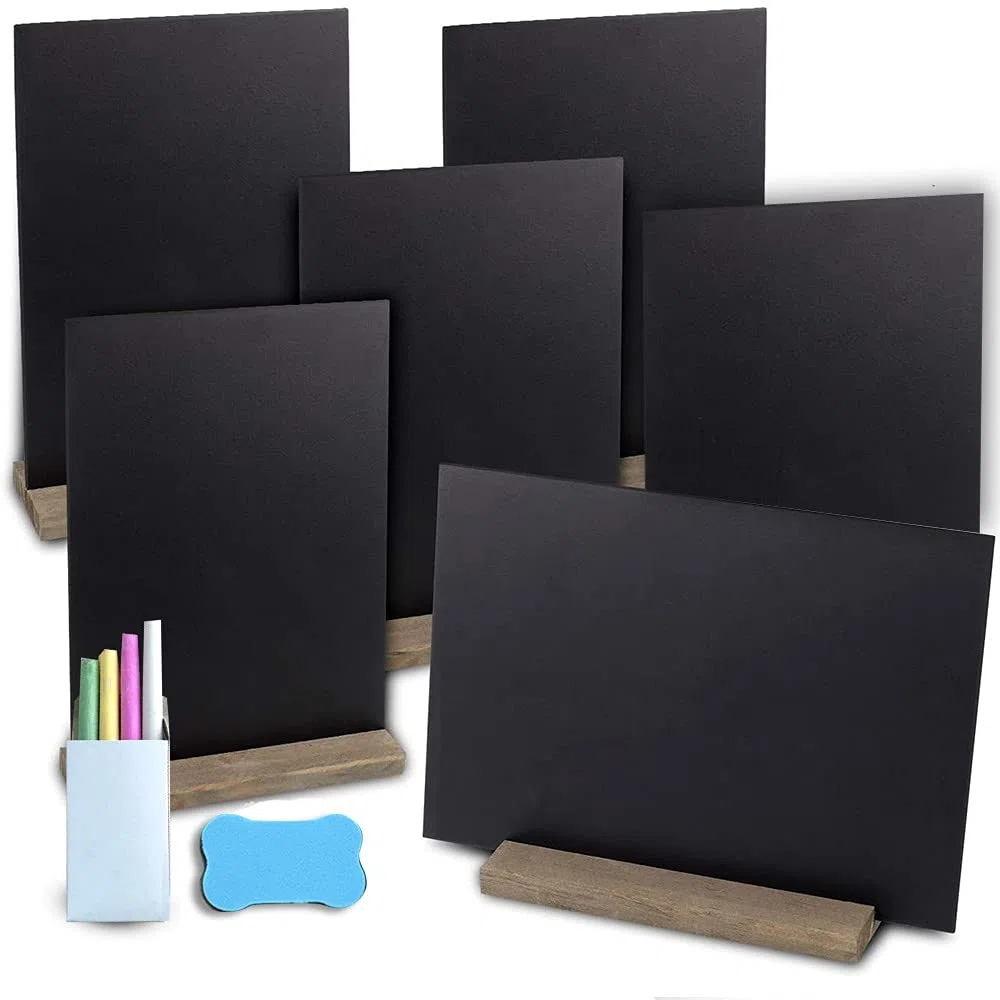 6pz Mini Lavagnette Cancellabili double-face per messaggi, con supporti in legno vintage per matrimoni, bar e feste, compleanni 15 x 23 cm