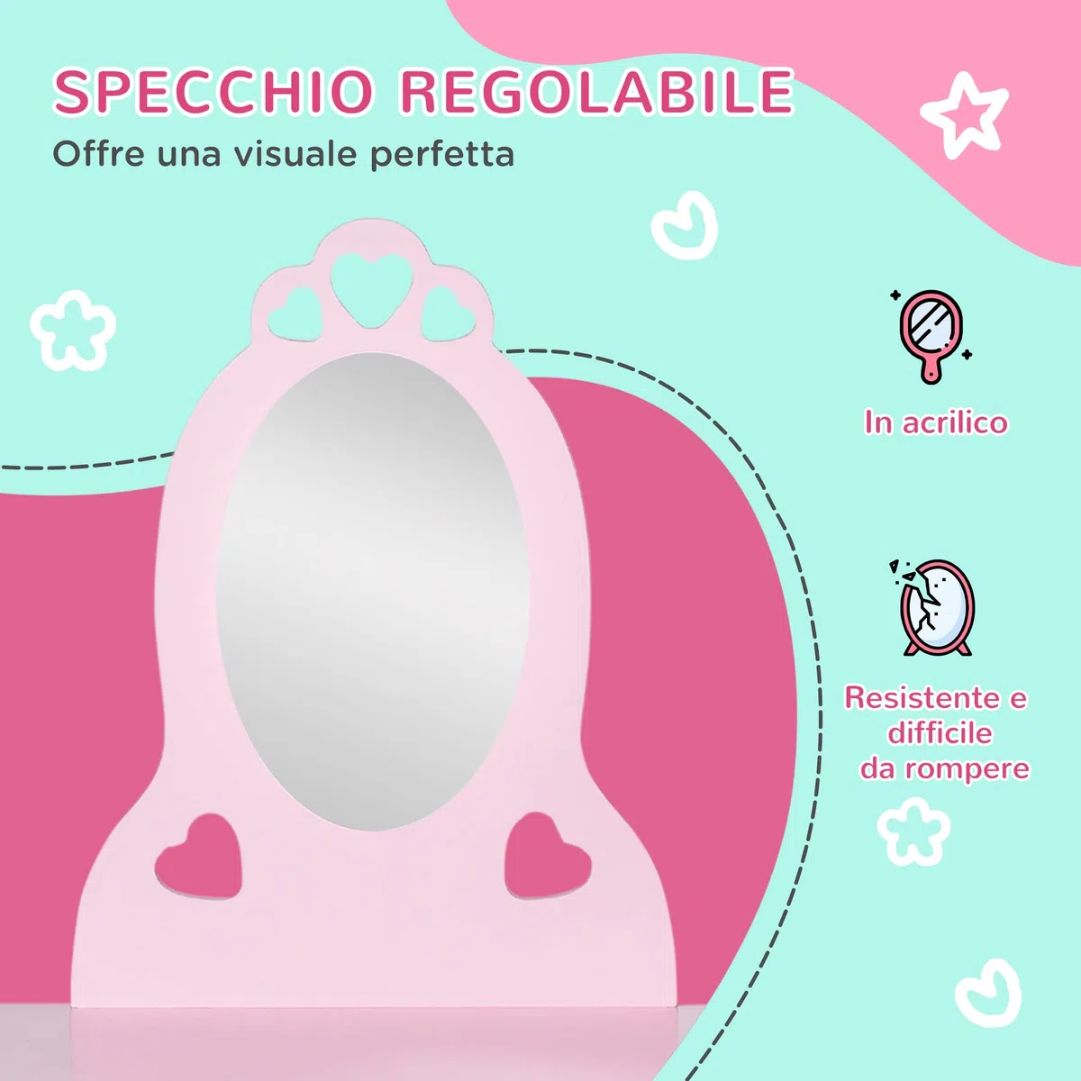 HOMCOM Toeletta Trucco Bambina con Sgabello in Legno, Postazione Trucco Bambina, Tavolo Trucco per Bambini 3-6 Anni con Specchio e Cassetto, Rosa