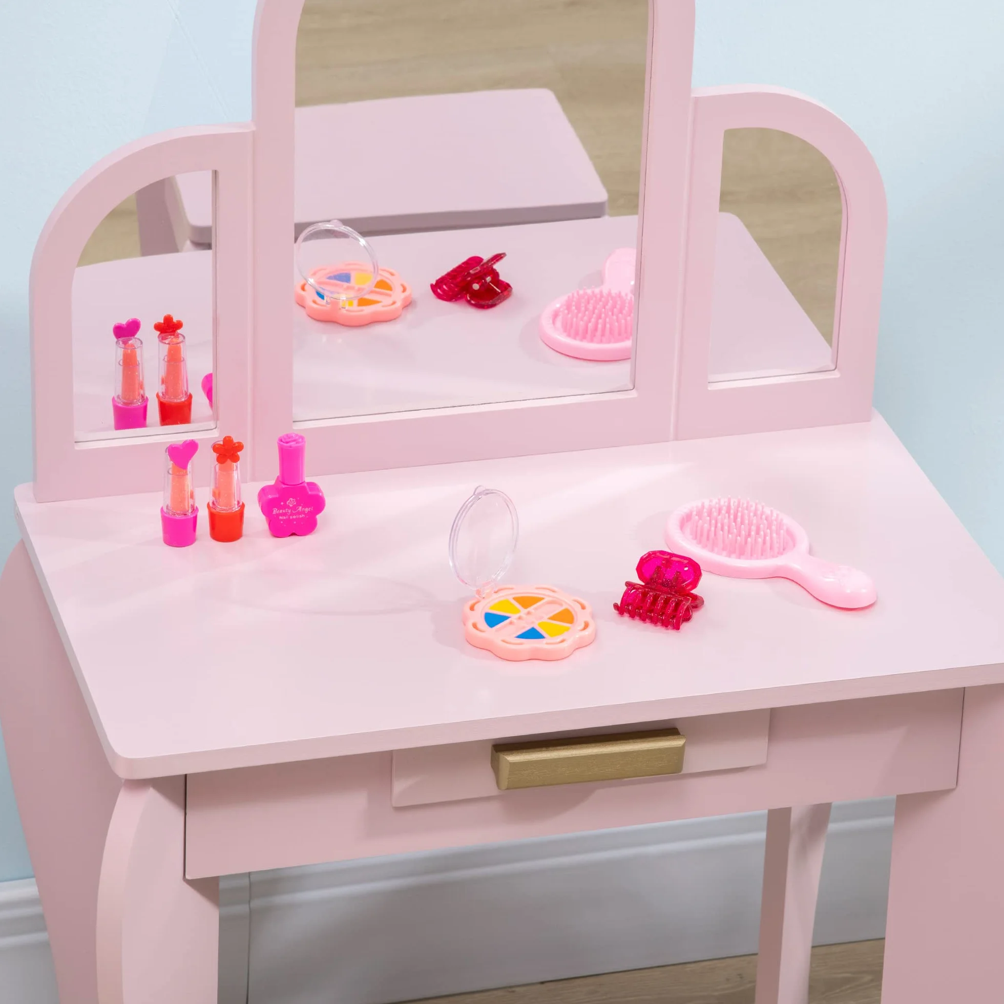 HOMCOM Tavolo per Trucco per Bambine 3-6 Anni con Sgabello, Cassetti e Specchio Coordinato in Acrilico, in MDF e Legno di Pino, Rosa