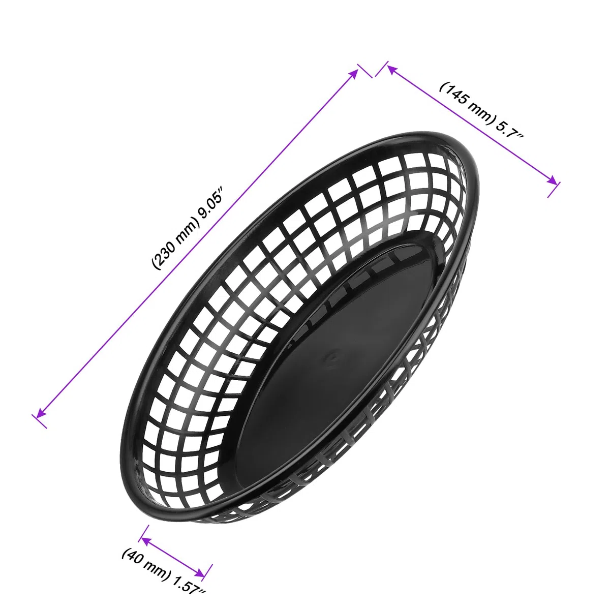 Confezione da 40 cestini ovali in plastica per fast food, per patatine fritte, panini, hamburger, picnic, barbecue, feste, colore nero, 23 x 14,5 x 4 cm