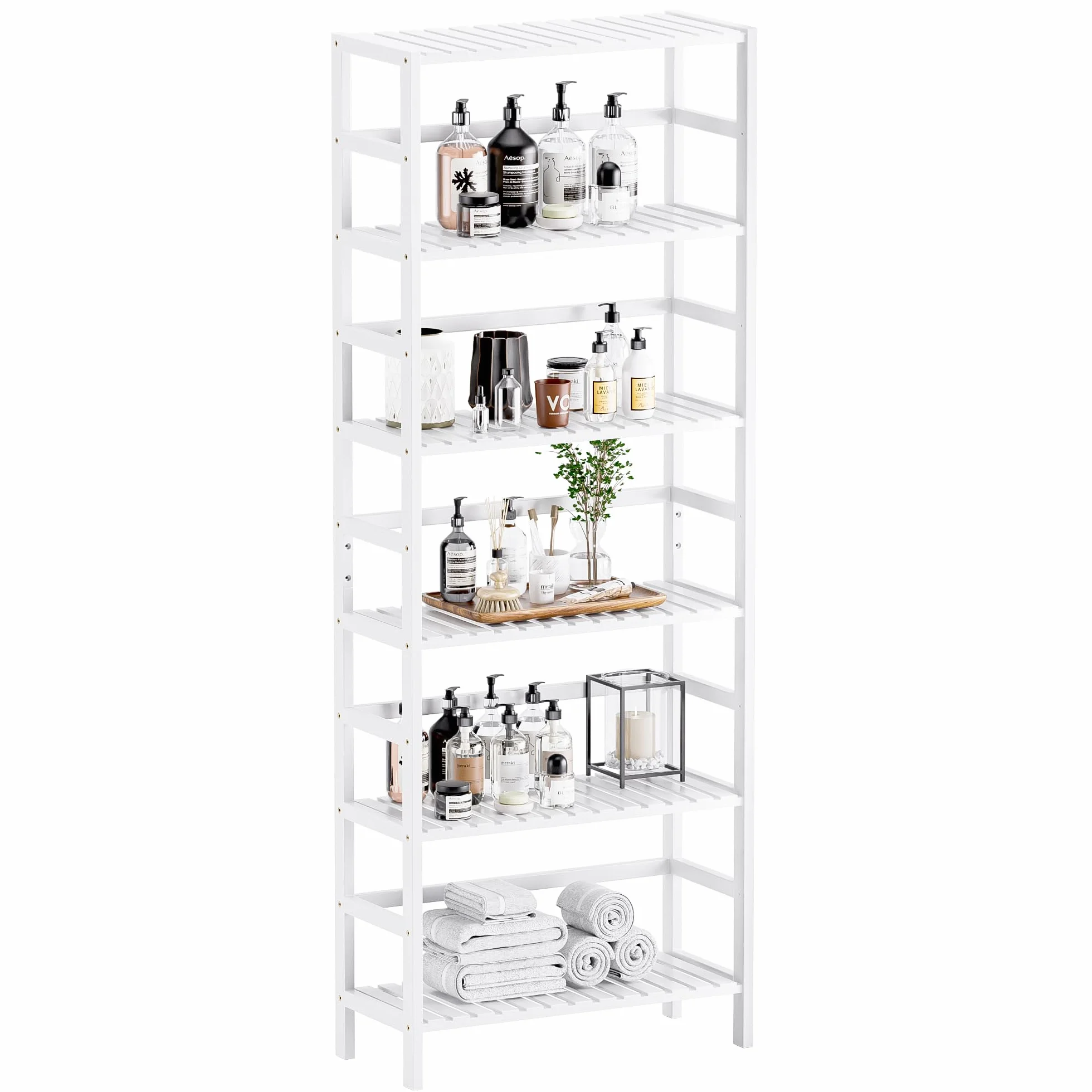 HITNET Scaffale a 6 Ripiani, libreria in bambù con ripiani regolabili, grande organizzatore indipendente per la cucina, espositore per piante, bianco
