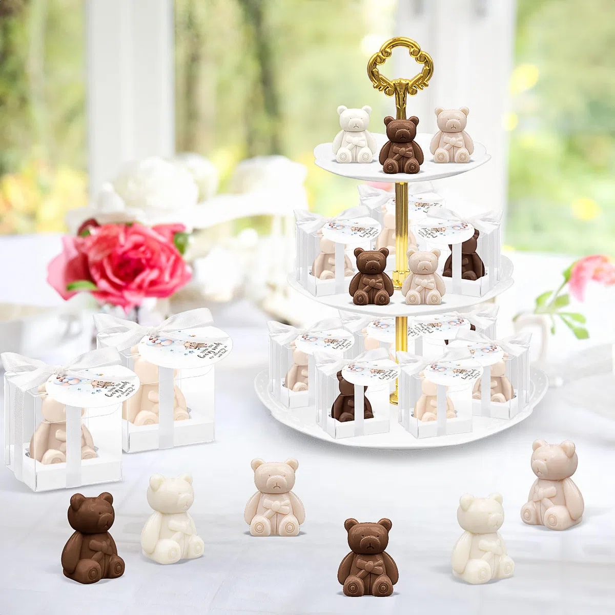 Set di 36 orsetti sapone bomboniere Baby Shower, mini saponi con biglietti di ringraziamento e scatole regalo, saponi profumati per battesimo, genere reveal, matrimonio, festa di compleanno, bianco e