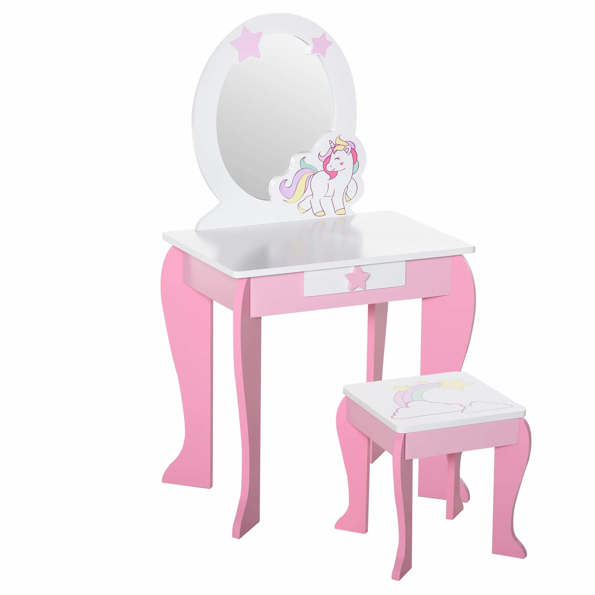 HOMCOM Specchiera Giocattolo Toeletta con Cassetto e Sgabello in Legno, Giochi per Bambine 3-6 Anni Rosa e Bianco
