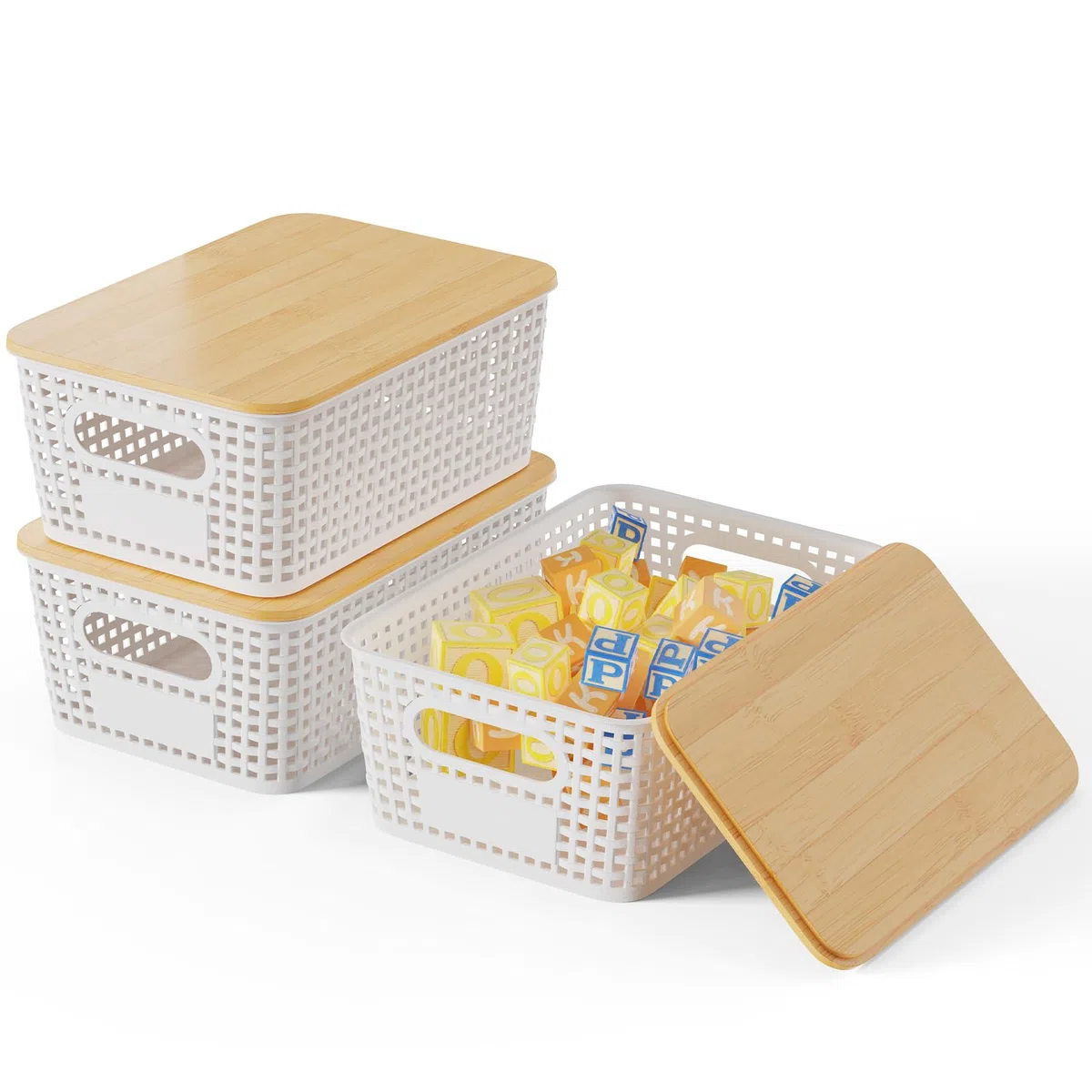 Set di 3 5L Scatole portaoggetti di Plastica con Bambù Coperchio Impilabili Salvaspazio Storage Cestini per Bagno Cucina Armadio Ufficio