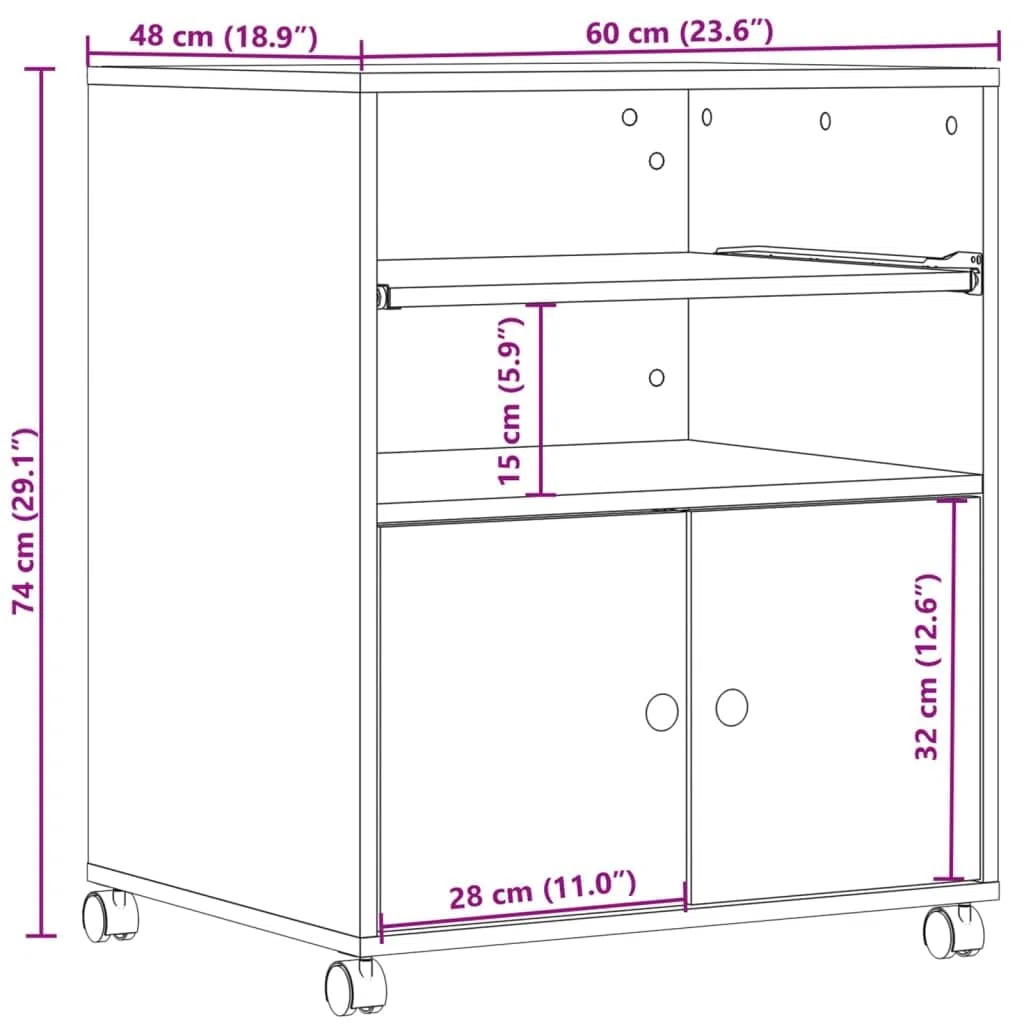 vidaXL Supporto per Stampante con Ruote Grigio Cemento 60x48x74 cm, Supporto per Computer, Organizer per Stampante, Tavolo da Stampante portaoggetti