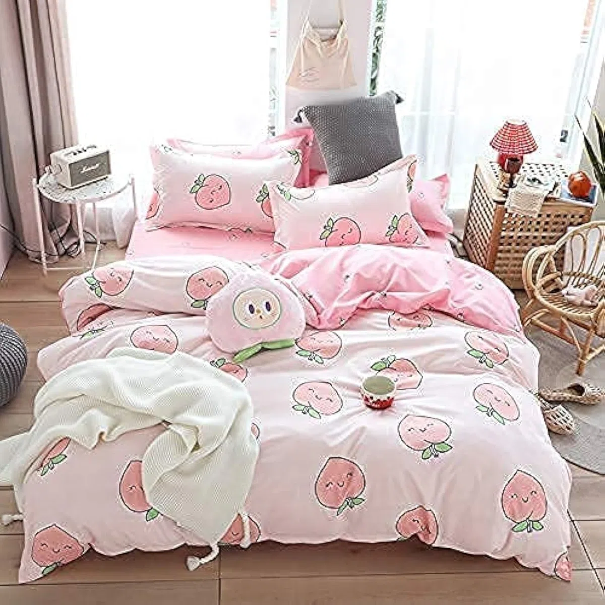 Homemissing Set copripiumino rosa pesca kawaii set di biancheria da letto coperta carino frutta trapunta copertina tropicale pianta biancheria da letto reversibile morbida biancheria da letto & lino