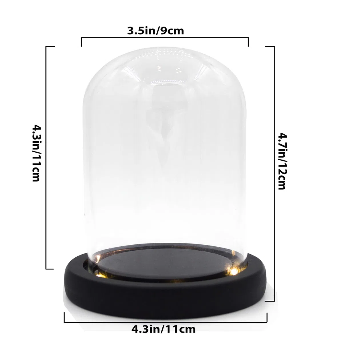 Campana di Vetro con Base in Nero, Cloche a Cupola in Vetro Trasparente con Luce, Espositore a forma di campana, in vetro, con decorazione a cupola, 3.5" D X 4.7" H