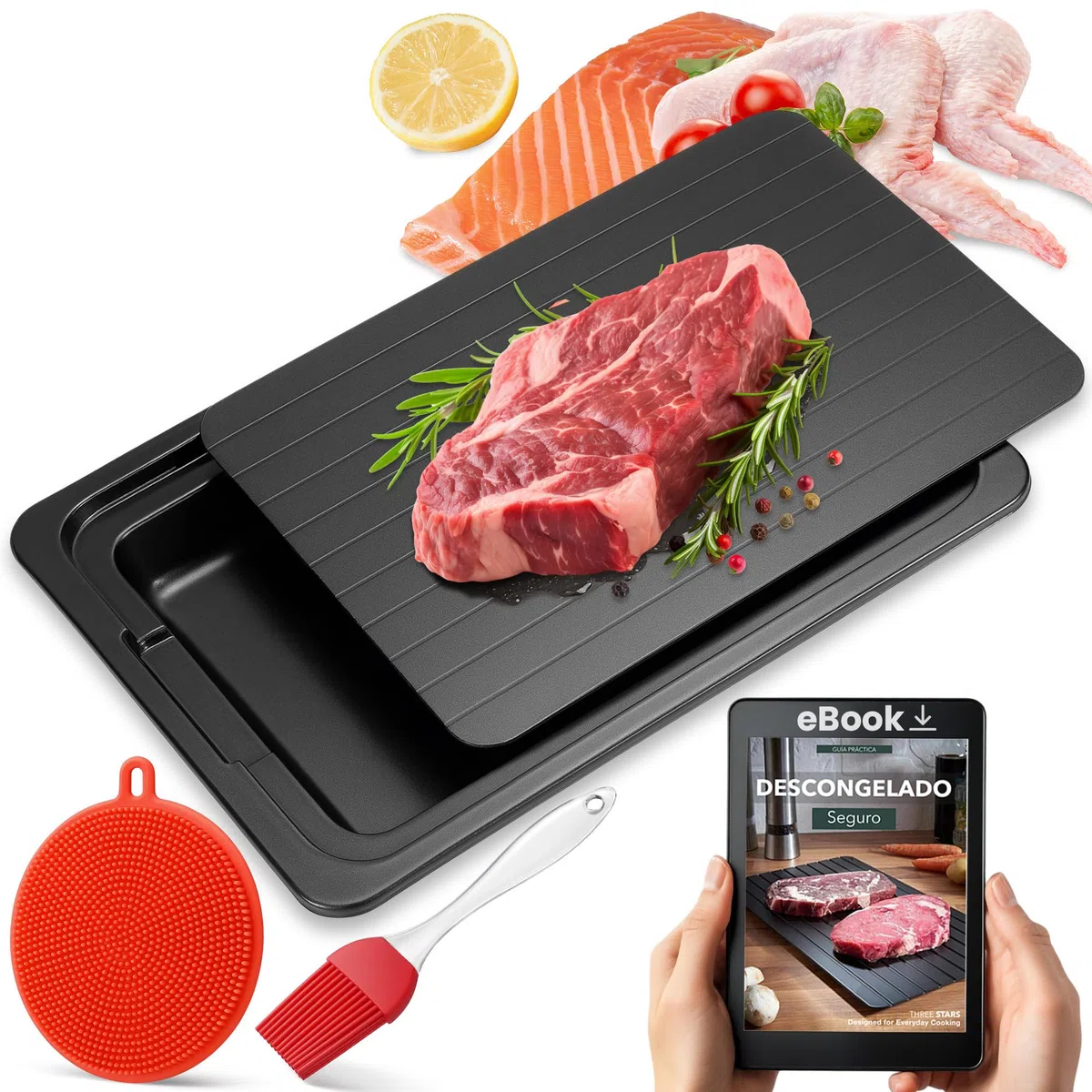 Tavola Sbrinamento Rapido Cibo - Vassoio in Alluminio 35,5 x 20,5 x 0,2 cm con Accessori Spazzola Silicone e Pennello - Piastra per Carne + Pesce + Pollo - Cucina Igienica Riutilizzabile | 3-Stars
