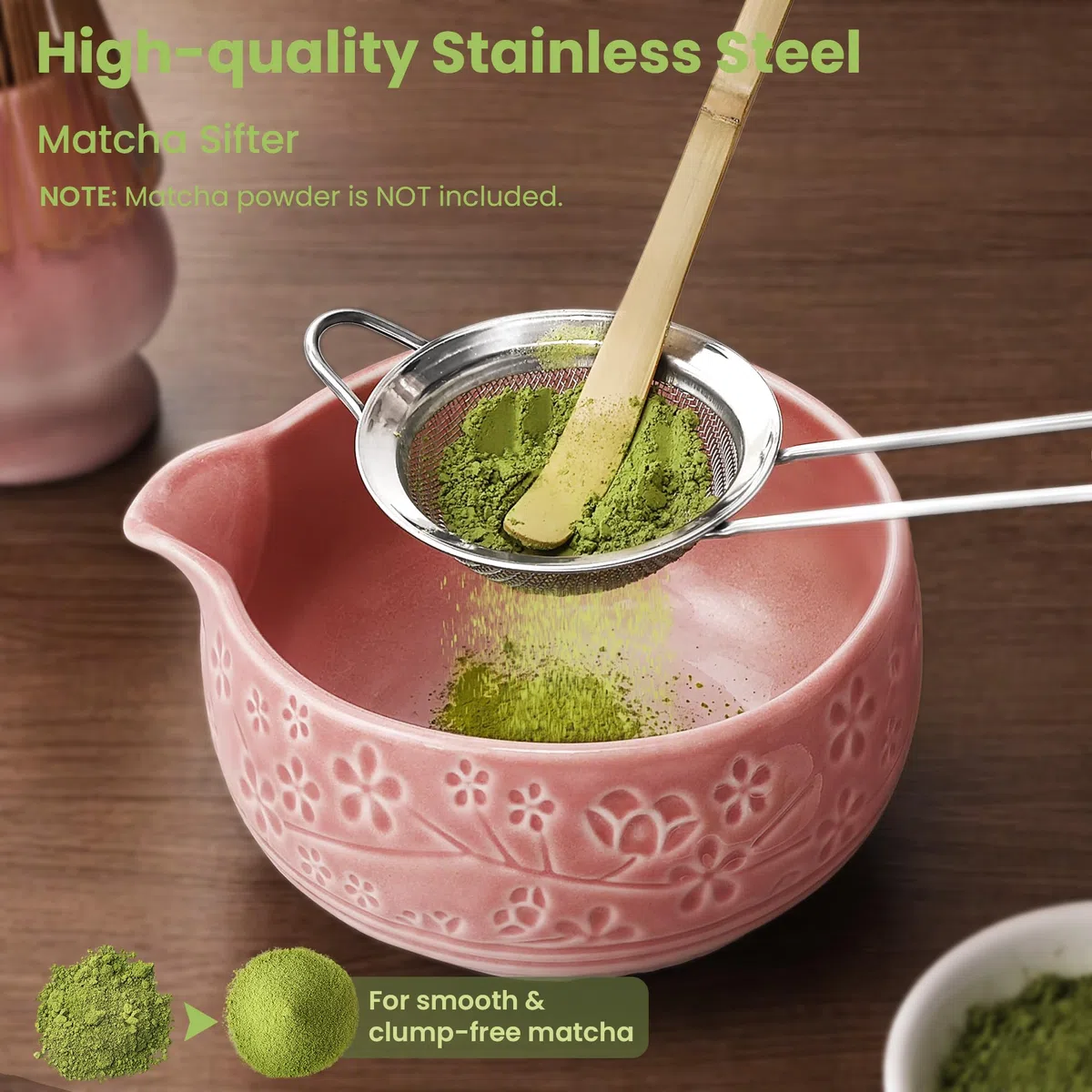 Kit Matcha 7 pezzi, Frusta in Bambù con Portafrusta, Ciotola in Ceramica con Beccuccio, Colino, Cucchiaio, Strofinaccio – Per Matcha Latte, Cerimonia del Tè Giapponese – Rosa Sfumato