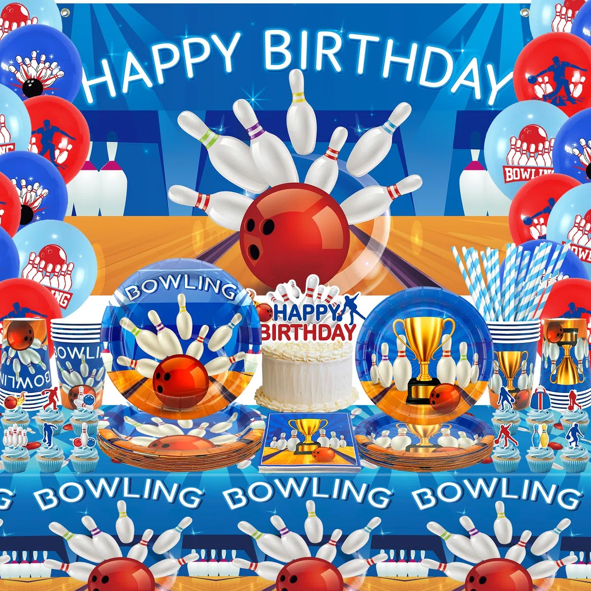 Set per festa di compleanno a tema bowling – Accessori per festa a tema bowling, tra cui striscioni, piatti, decorazione per torta, bicchieri, tovaglioli, palloncini, tovaglie – per 20