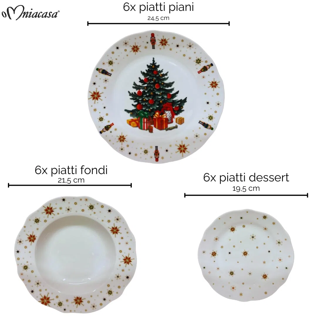Servizio Piatti di Natale in Porcellana Resistente per 6 Persone: 18 Pezzi, Decorazioni con Albero di Natale Schiaccianoci e Stelle, Rosso e Bianco, Adatto: Lavastoviglie e Microonde.