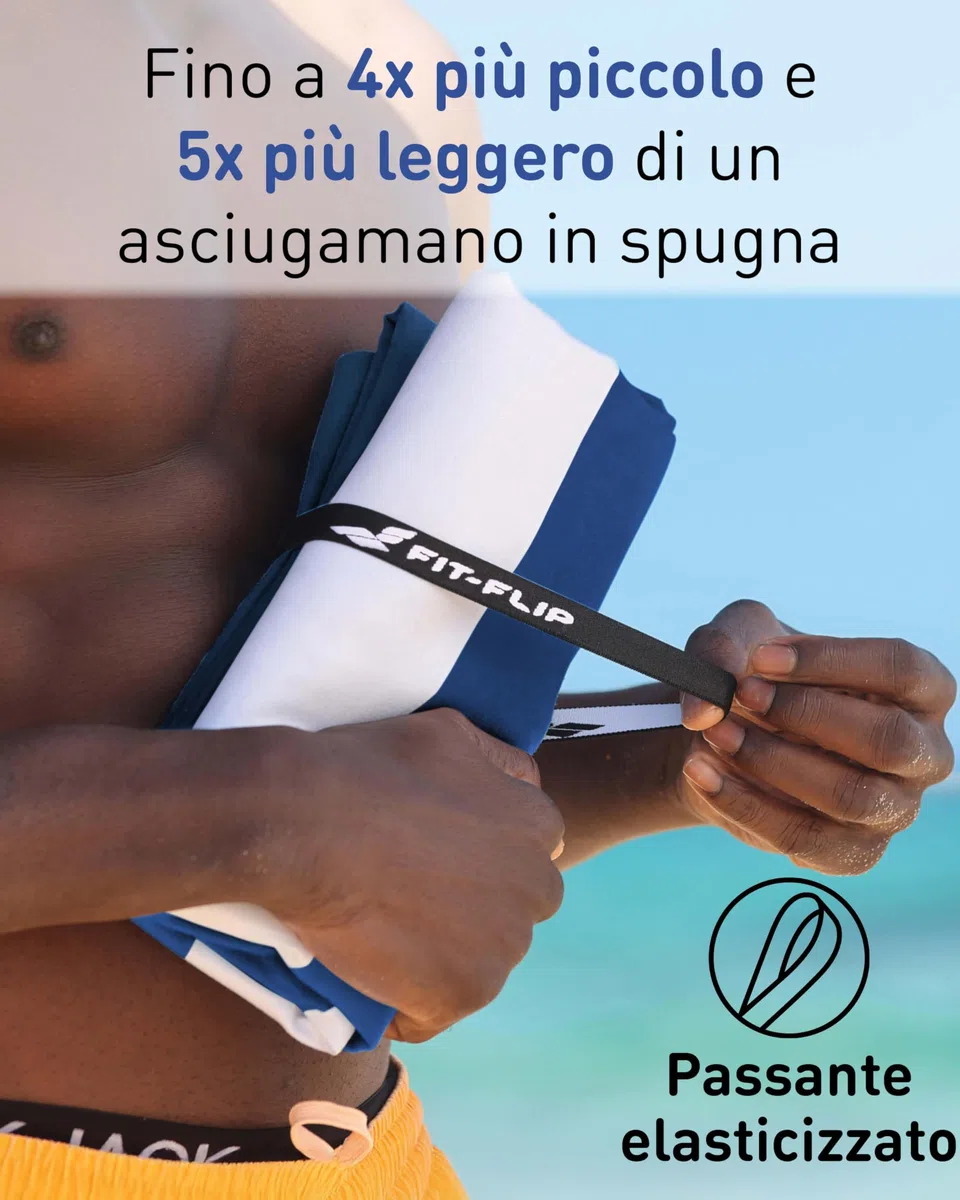 Fit-Flip Telo Mare microfibra – leggero, fine e ad asciugatura rapida – asciugamano microfibra grande – teli antisabbia da spiaggia – 100% riciclato - rigato blu marino-bianco 200cmx90cm