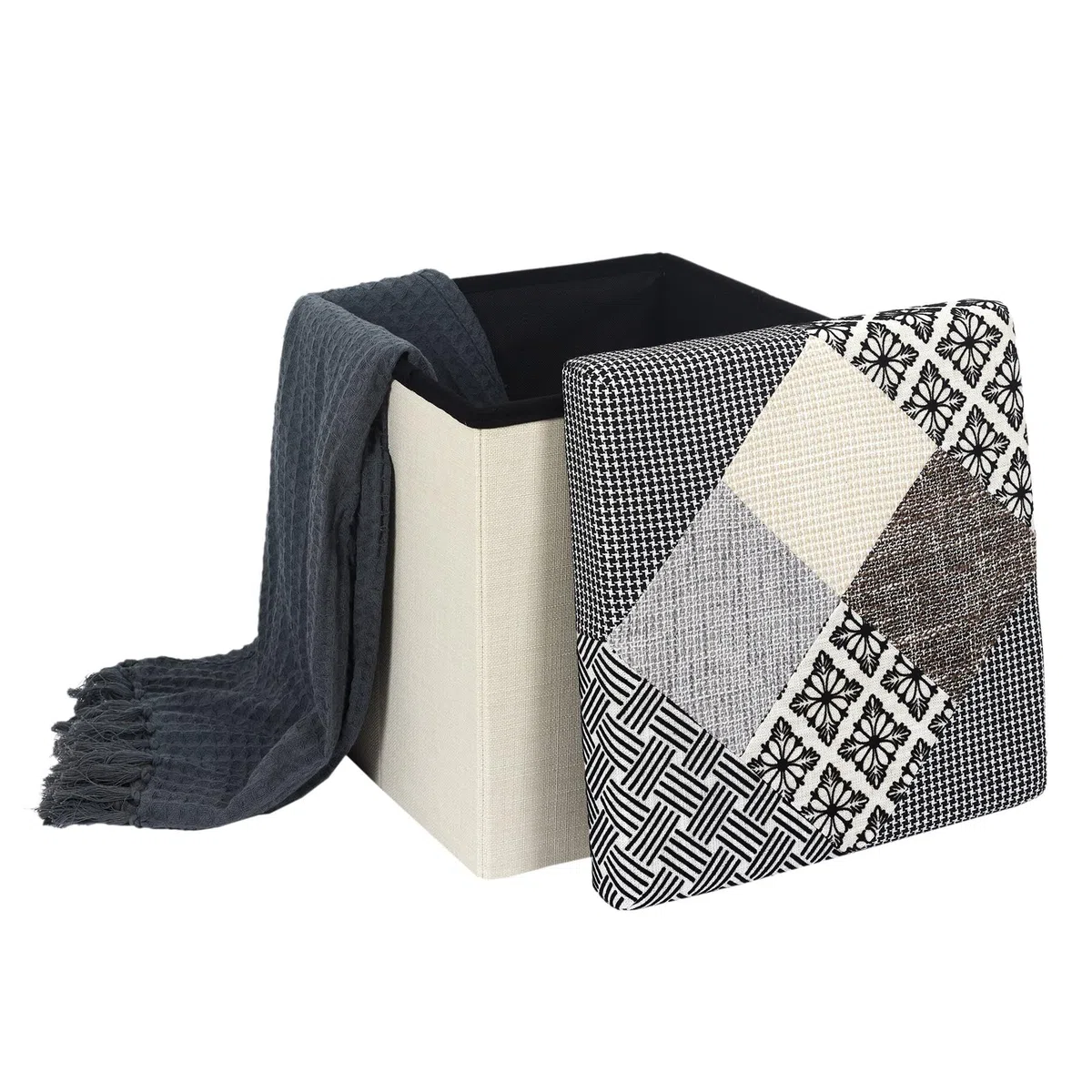 HOME DECO FACTORY HD7491 Pouf Patchwork Mobili Seduta Baule Panca Pieghevole Entree Soggiorno Camera Da Pranzo, Grigio, Bianco, Nero, Beige, 38x38x38 cm