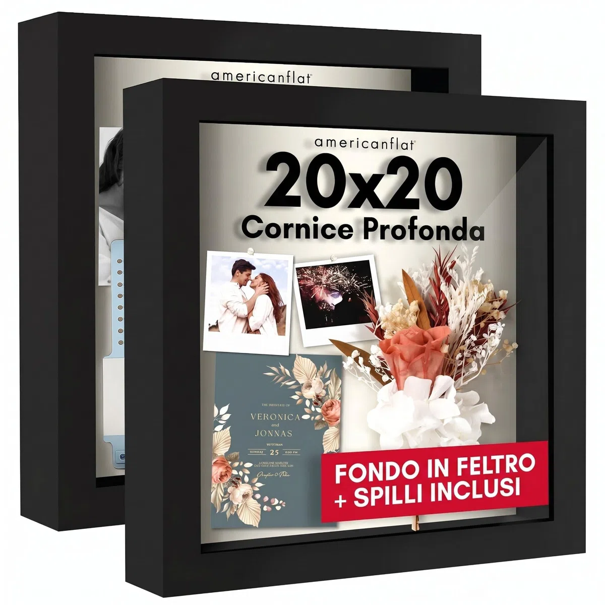 Americanflat Cornice 3D Profonda con Vetro Trasparente da 20x20 cm - Set da 2 - Cornice Profonda Nera per Oggetti con Retro in Lino e in Legno Composito da Parete e da Tavolo