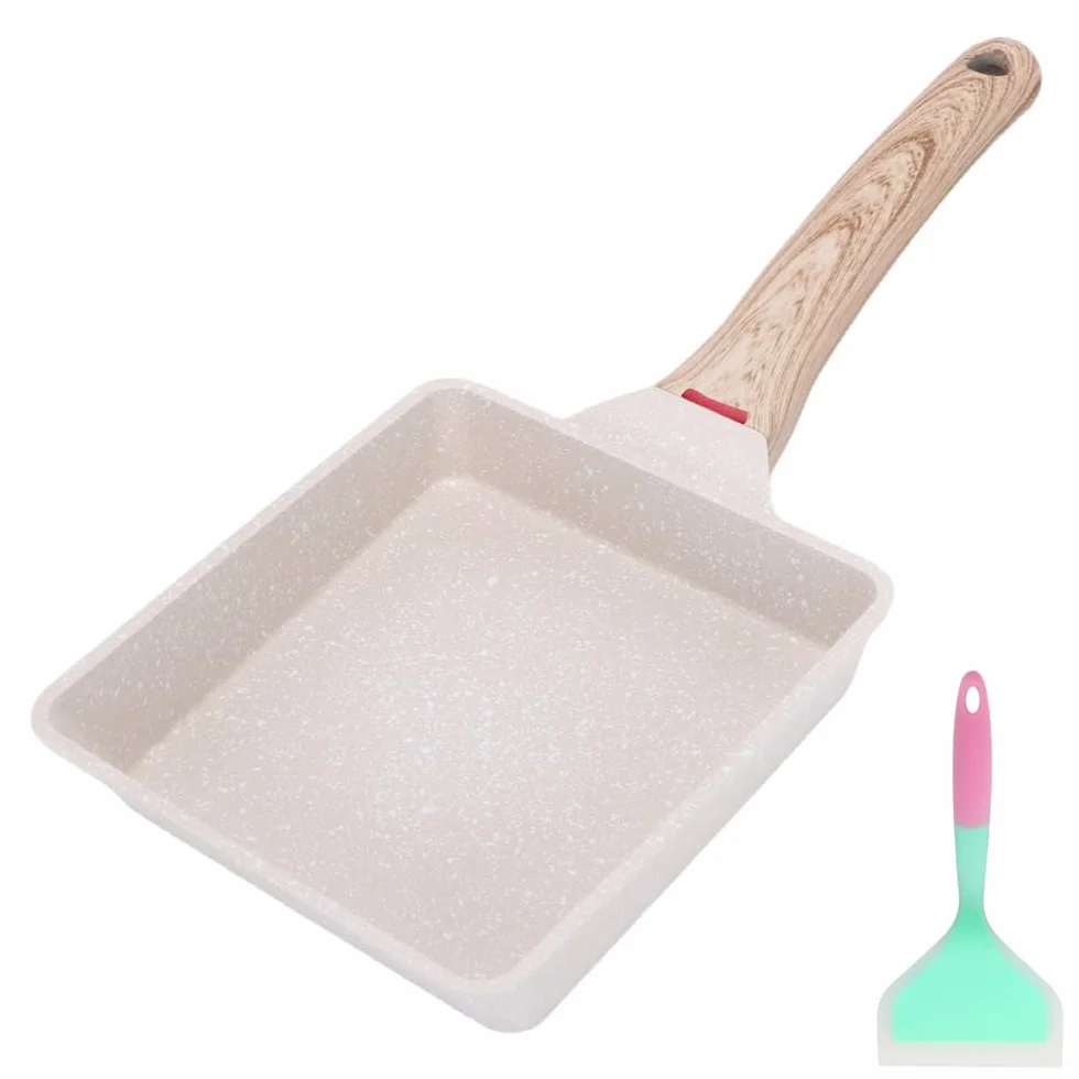 Padella per Omelette Giapponese, Padella Tamagoyaki con Spatola in Silicone, Pentole Rettangolare per Frittata per Induzione e Gas (Bianco)