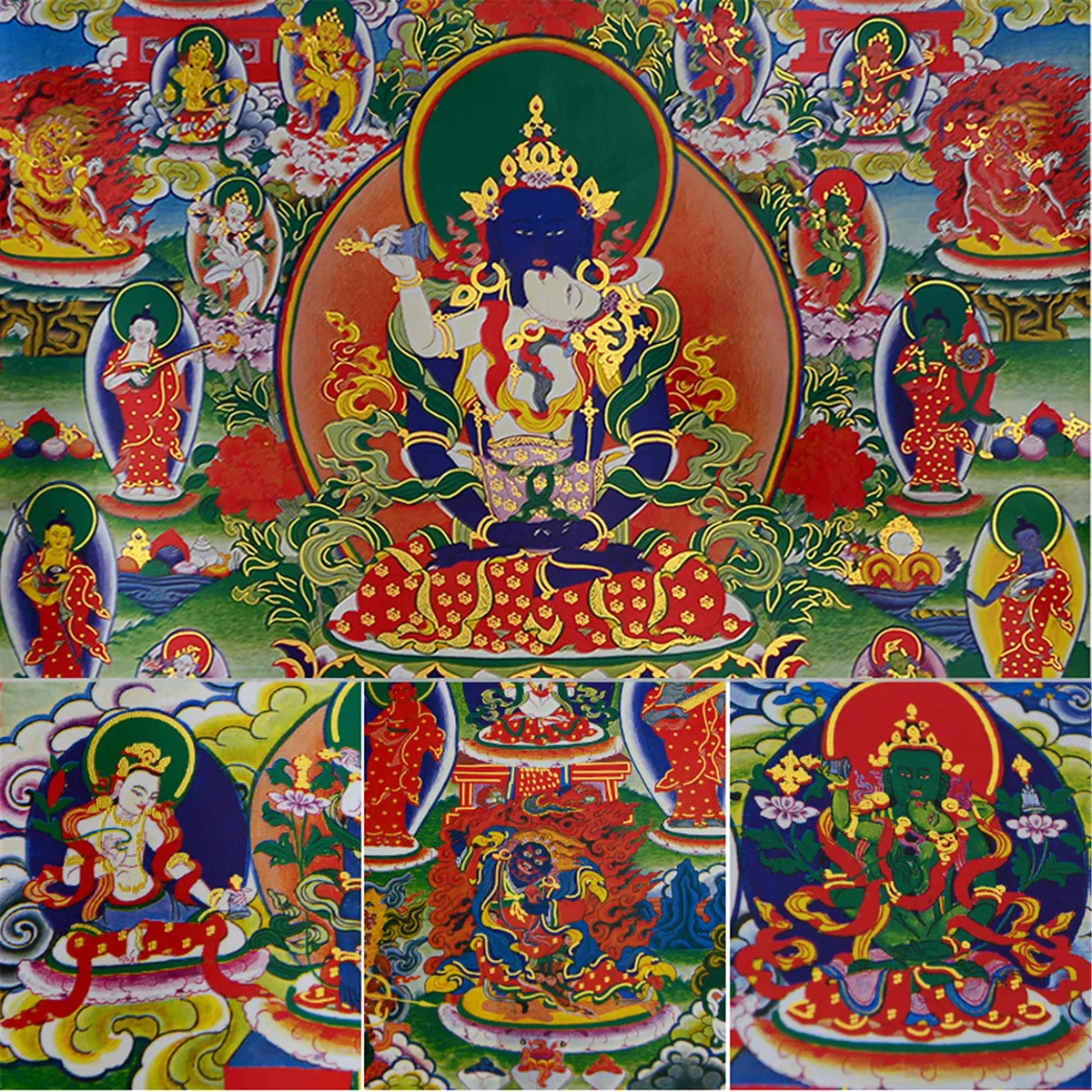 Gandhanra Thangka Tibetano - 42 Divinità pacifiche del Bardo Thodol (Libro tibetano dei morti) - Arazzo di Buddha a Stampa Dorata per Decorazione Zen, Meditazione, Rilassamento Spirituale e Pace
