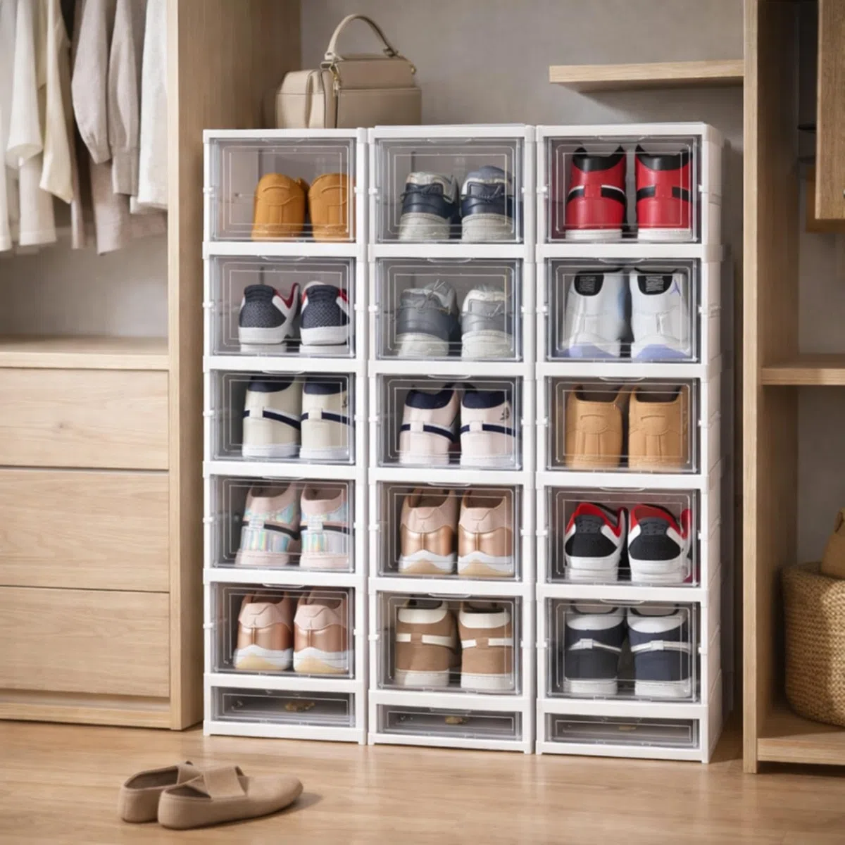 Porta Scarpe Verticale Impilabili Pieghevole Scatole Trasparenti 6 Box Salvaspazio Apertura Frontale Organizzatore PortaScarpe in Plastica Contenitori Traspiranti Scarpiera Sneakers