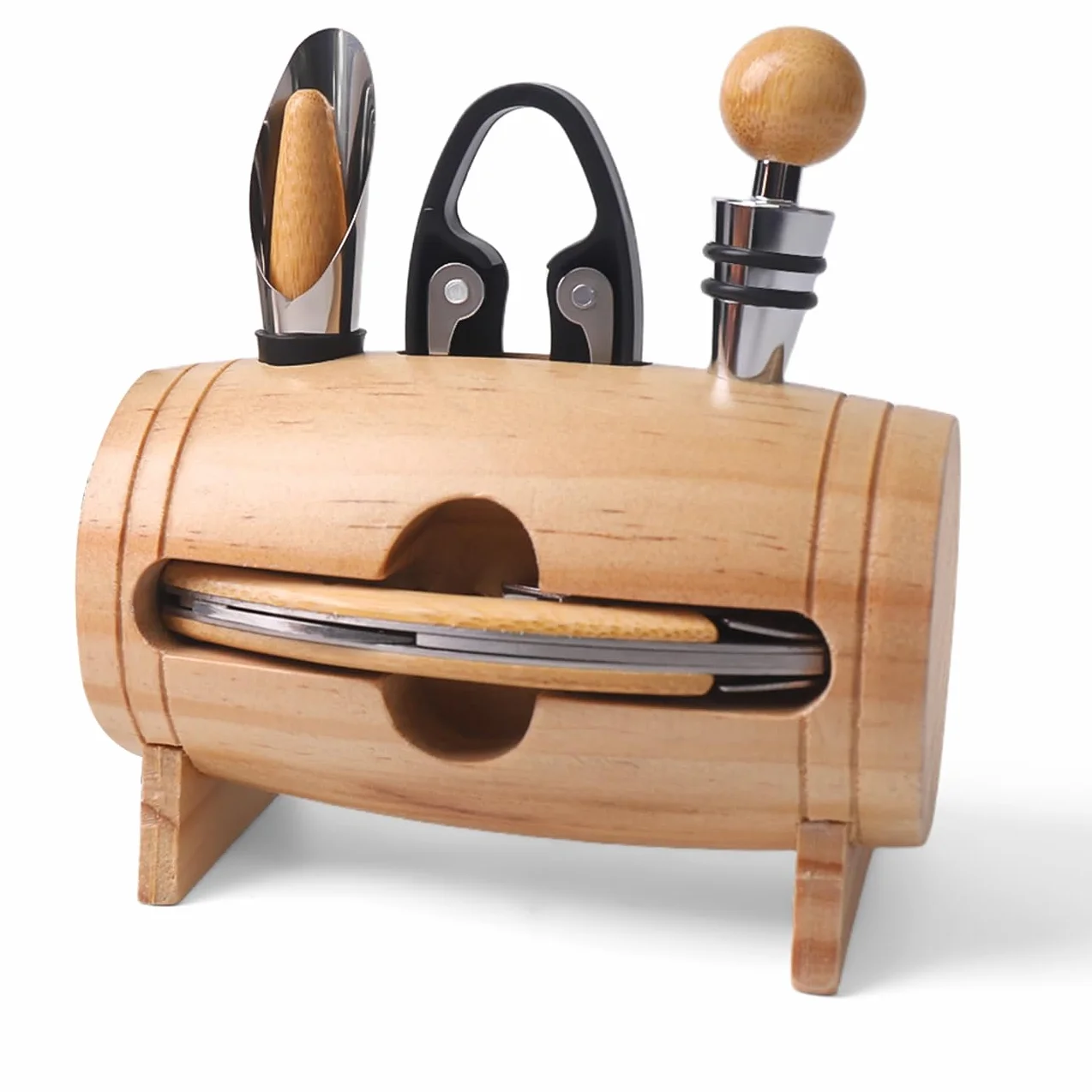 Set di Accessori da Vino a Forma di Barile,Accessori per Il Vino Include cavatappi,Tappo per Vino (Wood)