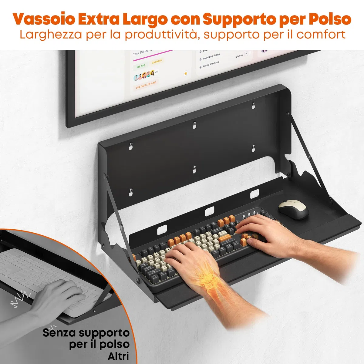 Vassoio Tastiera a Scomparsa da Parete Ergonomico 61cm - Piattaforma per Tastiera & Mouse da Ufficio e Casa , Portata 10 kg, Nero
