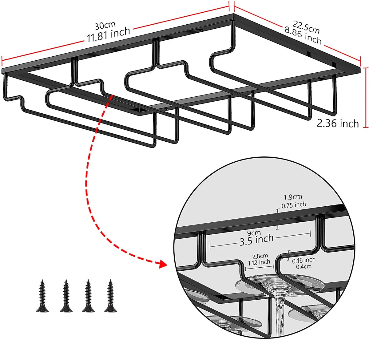 Porta Bicchieri da Vino Supporto per Calici in Metallo per Bar e Cucina Gancio Sottopensile Organizer in Acciaio Inox Scaffale di Stoccaggio (Black, 3 Rows 1 Pack)