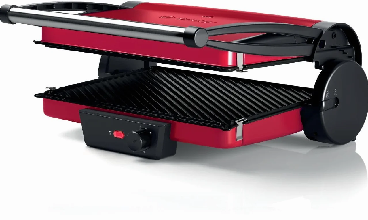Bosch Bistecchiera TCG4104, 3 Posizioni di Cottura, 5 Livelli di temperatura, 2000W, Piastre Grill in Alluminio Rimovibili e Lavabili in Lavastoviglie, Rivestimento Ceramico Antiaderente, Rosso