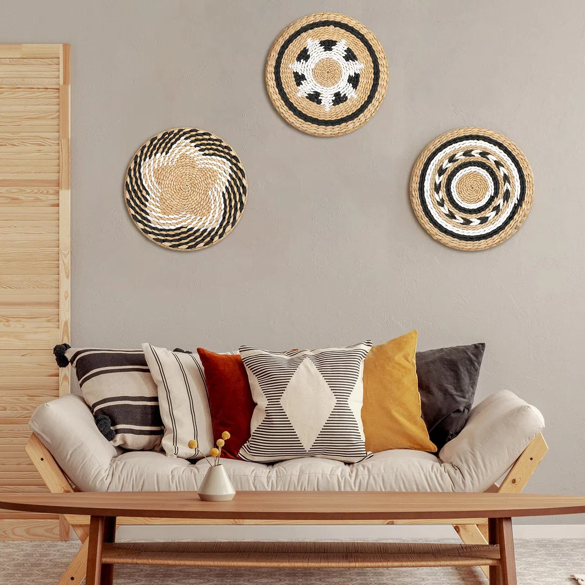 Set di 3 cesti decorativi da parete in stile bohémien, set di 3 cestini decorativi da parete, rustici, da appendere, fatti a mano, rotondi, con design africano, per soggiorno, camera da letto,