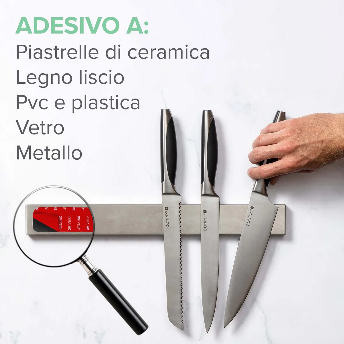 Coninx Barra Magnetica per Coltelli 40cm | Porta Coltelli Cucina in Acciaio Inox | Portacoltelli Magnetico Extra Forte | Viti e Adesiva 3M incluse | Ceppo Coltelli vuoto | Sopporto per Coltelli