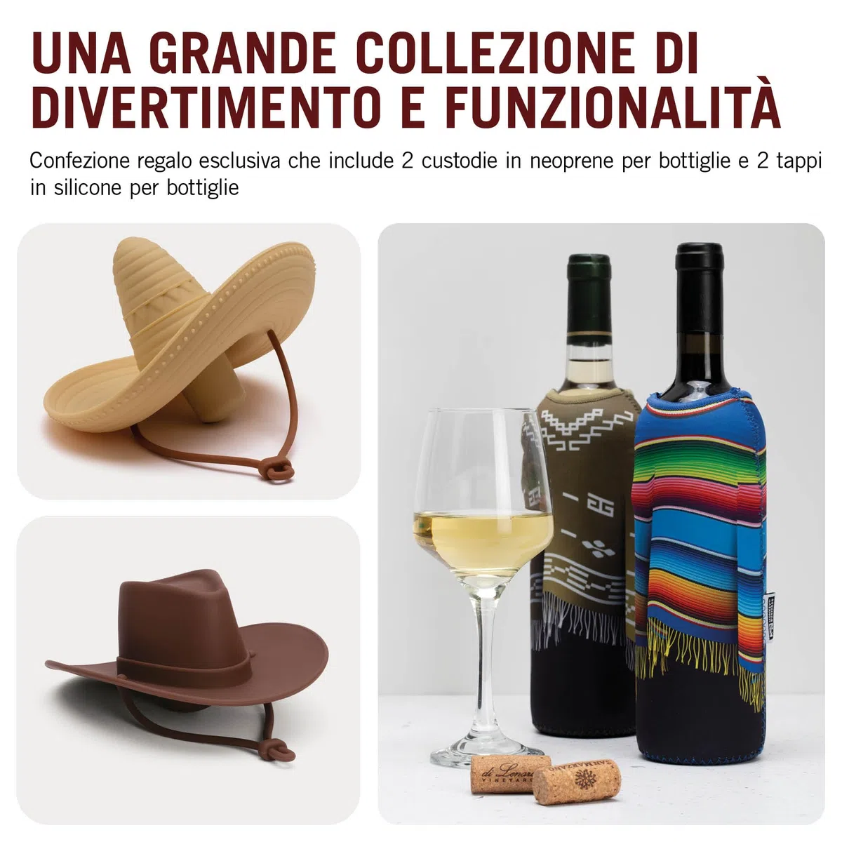 Monkey Business Gift Set per Amanti del Vino – 2 Tappi in Silicone + 2 Poncho in Neoprene per Bottiglie 750 ml – Isolamento per Bottiglia Aperta + Tema Wild West