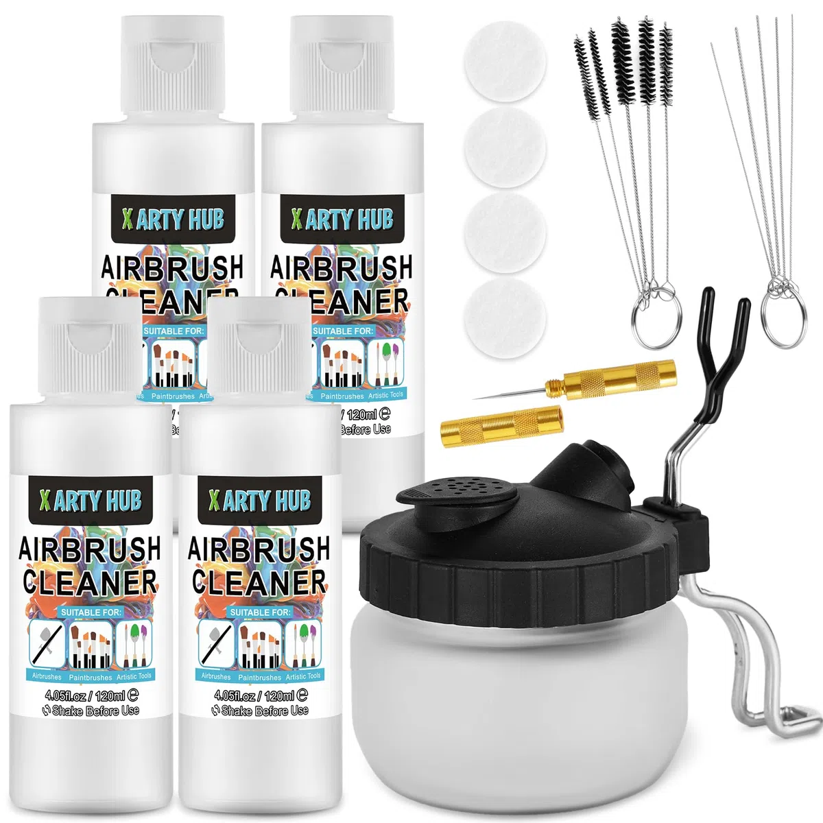 Kit Pulizia Aerografo - 4 * 120 ml di Pulitore per Aerografo, Vaso per la Pulizia con Supporto in Vetro, Set di Pulizia per Aerografo