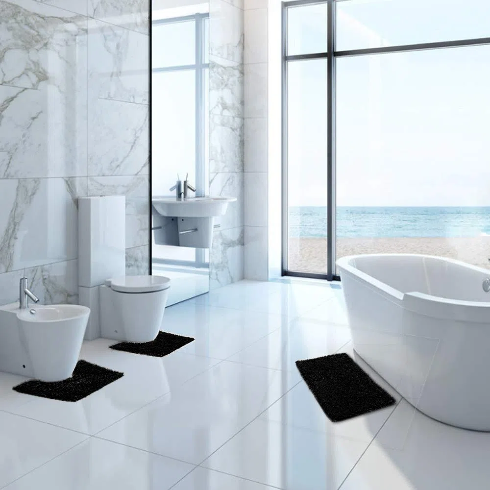 Poligono Set Tappeti Bagno 3 Pezzi in Microfibra, Tappeto Pelo Lungo 50x80 cm, 2 Tappetini Per WC e Water Forma Rettangolare 40X50 cm, Morbido, Antiscivolo, Nero